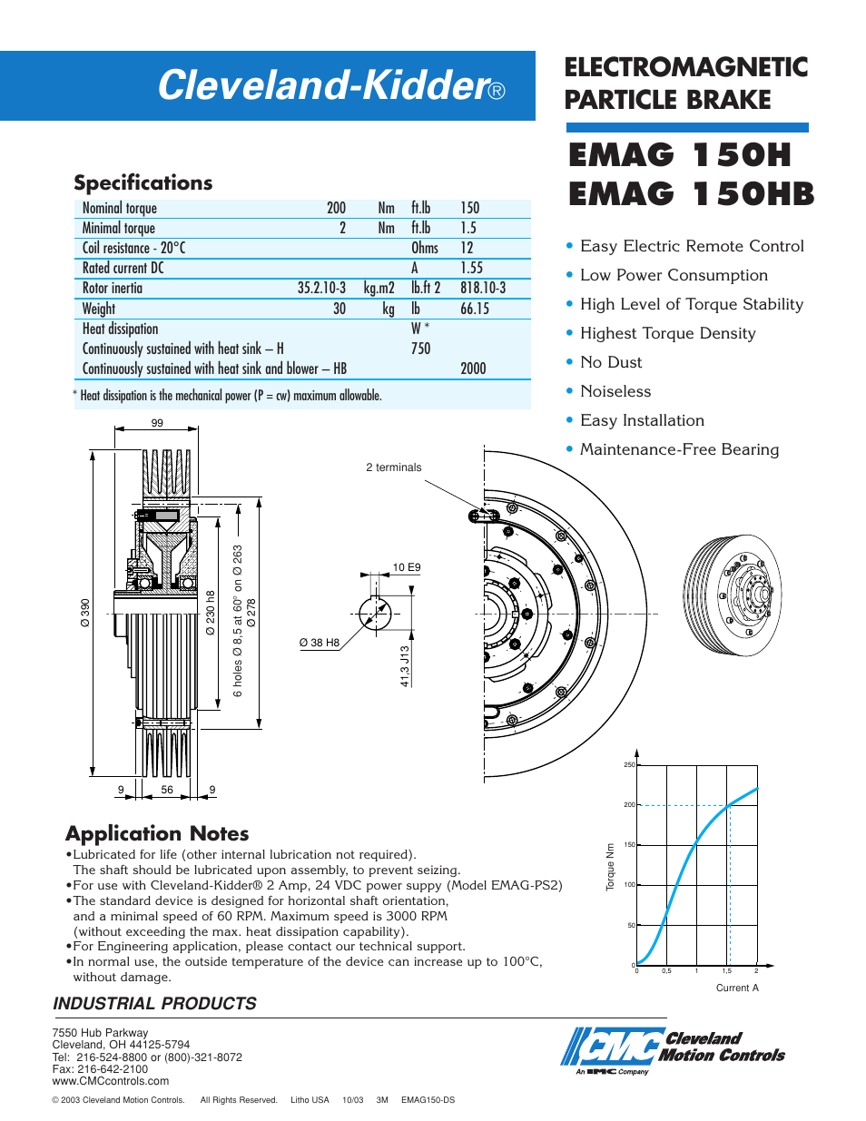 Cleveland-kidder, Electromagnetic particle brake, Specifications | Cleveland Motion Controls Brake EMAG 150 User Manual | Page 2 / 2