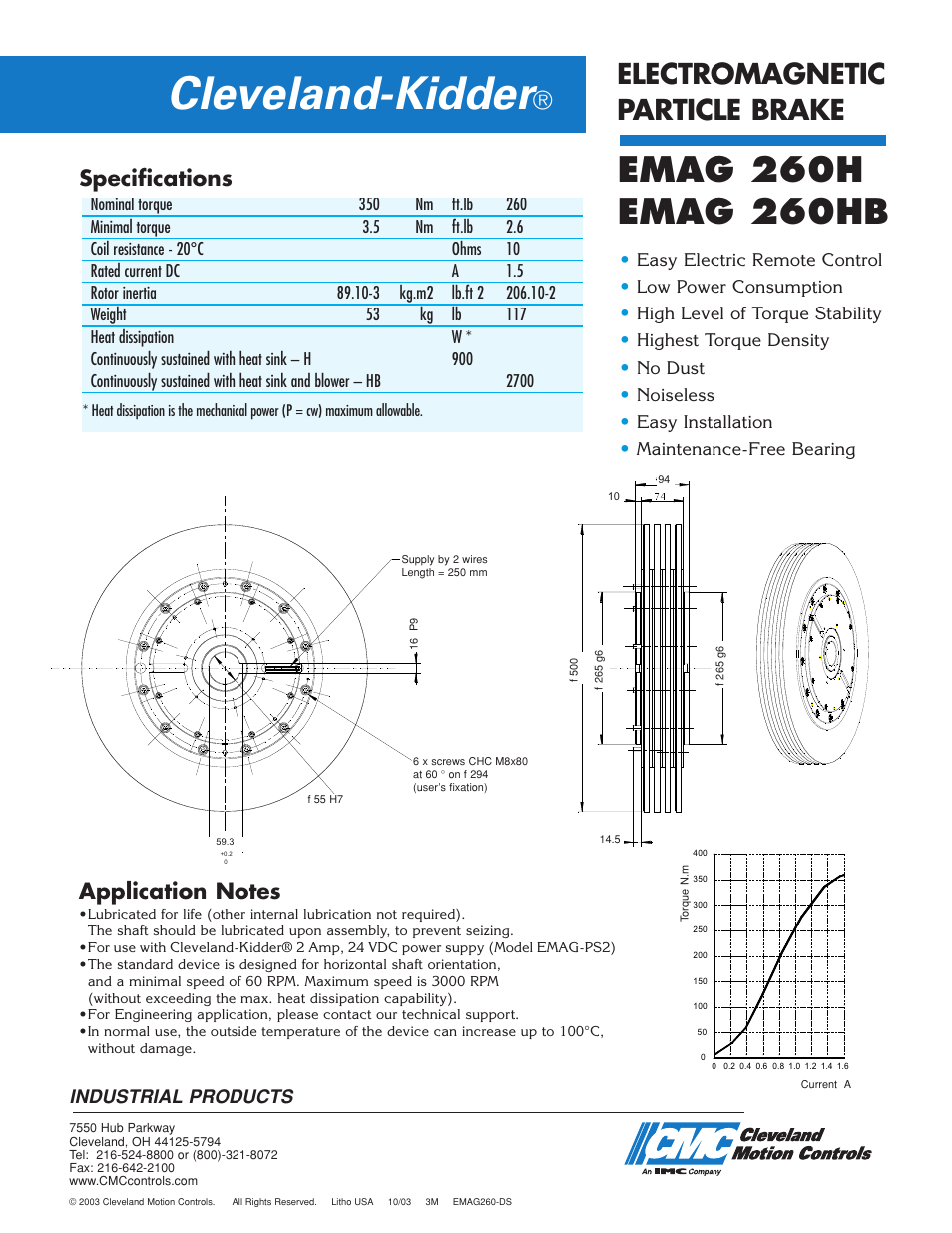 Cleveland-kidder, Electromagnetic particle brake, Specifications | Cleveland Motion Controls Brake EMAG 260 User Manual | Page 2 / 2