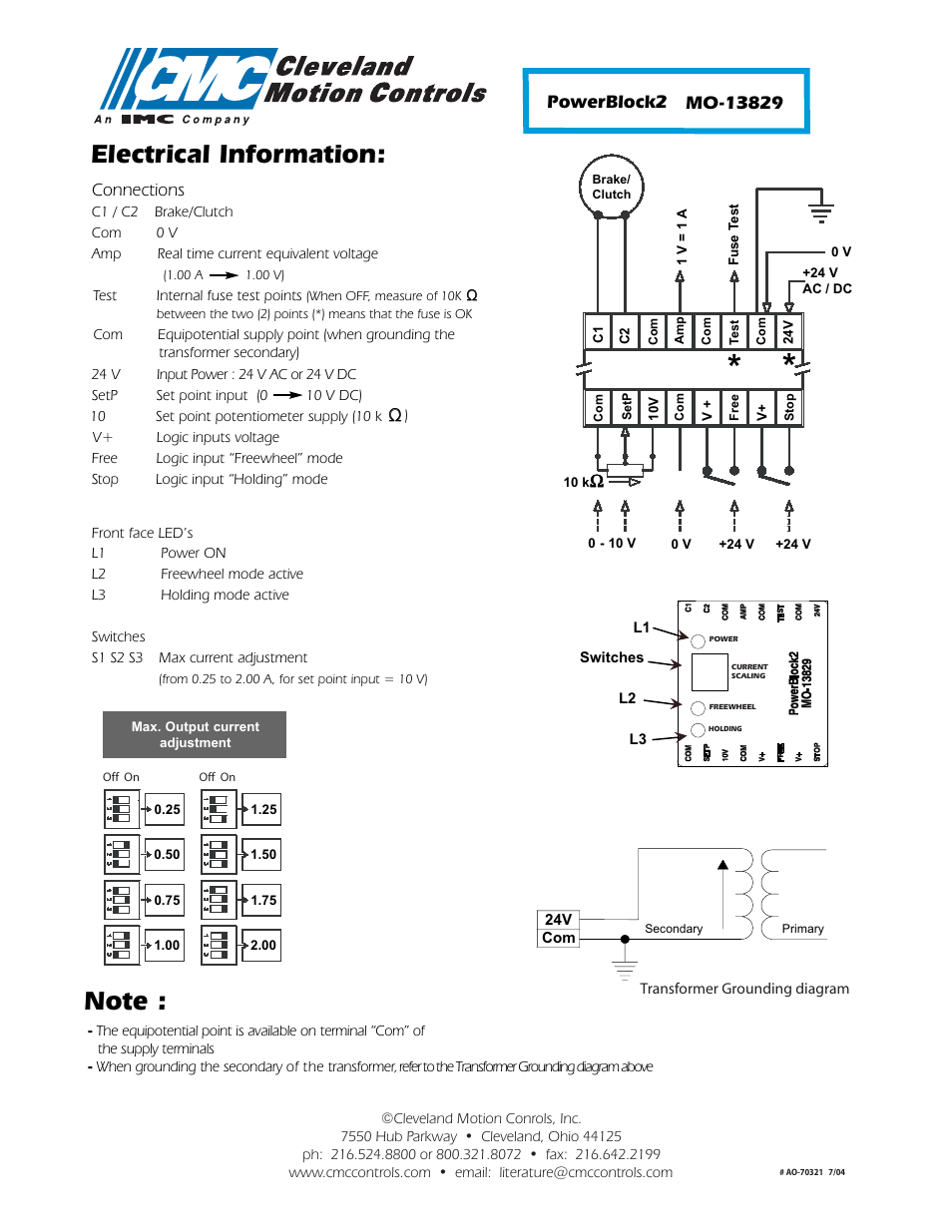 Electrical information | Cleveland Motion Controls Current Regulator PowerBlock2 MO-13829 User Manual | Page 2 / 2