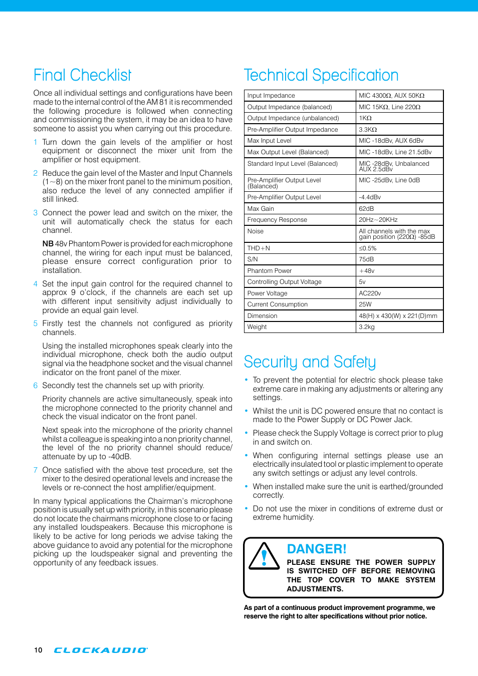 Final checklist, Technical specification, Security and safety | Danger | Clock Audio AM 81 User Manual | Page 10 / 12