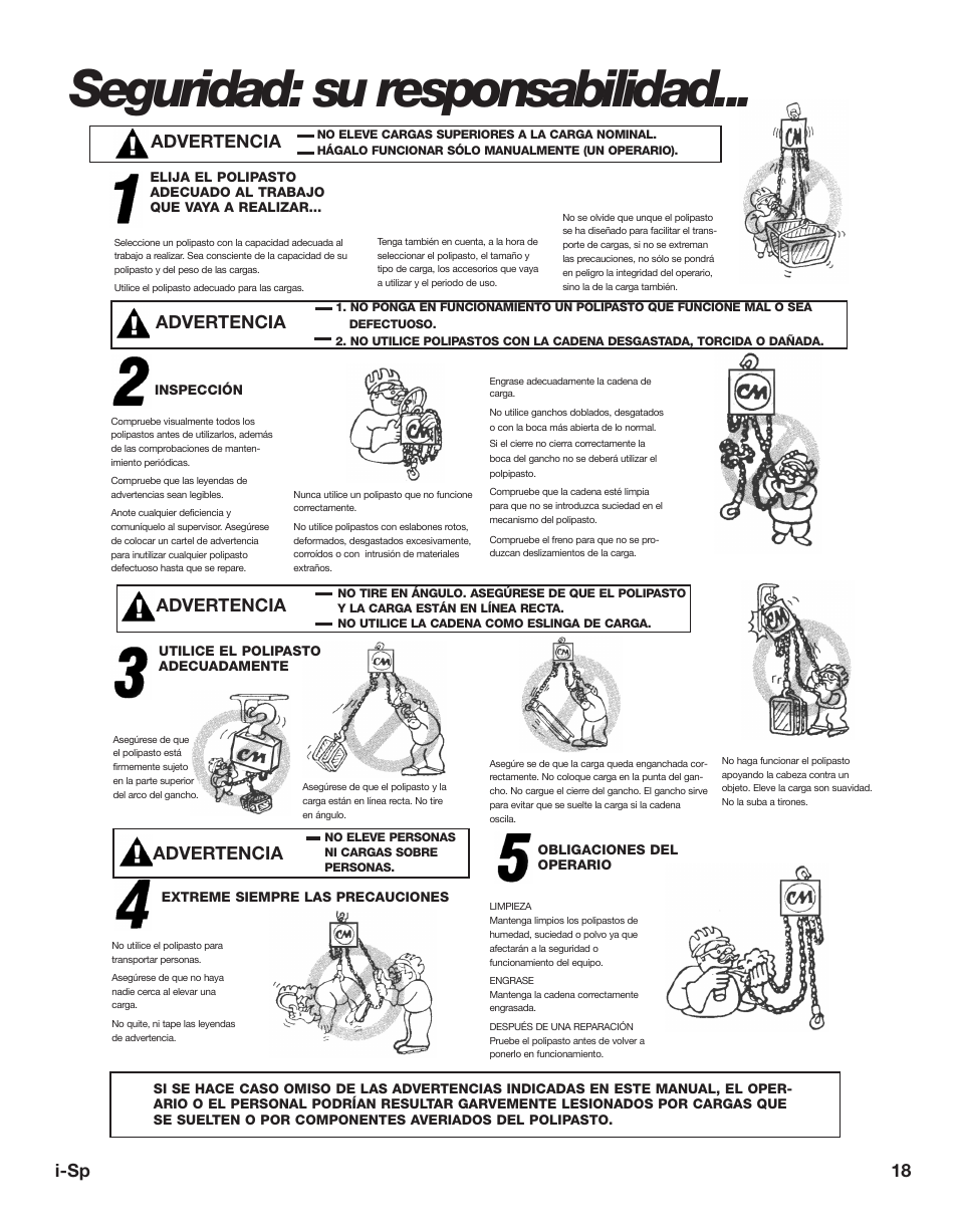 Seguridad: su responsabilidad, 18 i-sp, Advertencia | CM-ET Hurricane 360 User Manual | Page 18 / 48