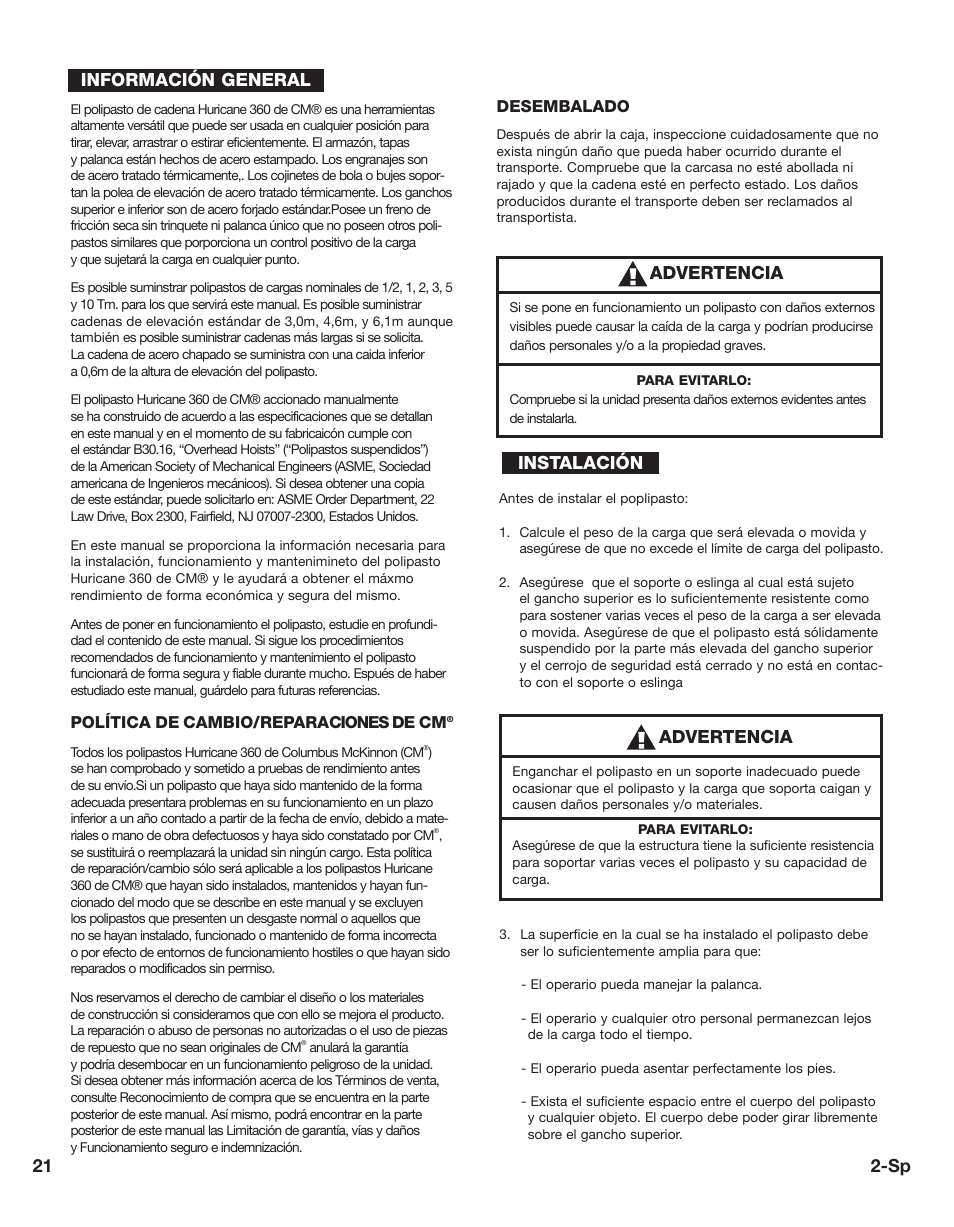 21 2-sp, Advertencia, Información general | Instalación | CM-ET Hurricane 360 User Manual | Page 21 / 48