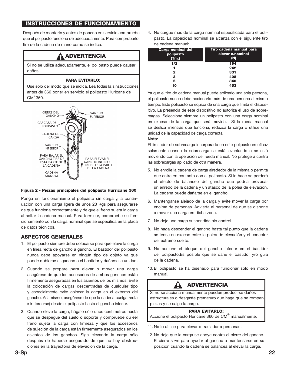 22 3-sp instrucciones de funcionamiento, Advertencia | CM-ET Hurricane 360 User Manual | Page 22 / 48
