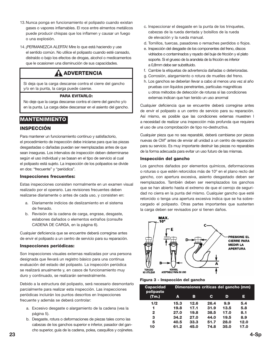 23 4-sp, Advertencia, Mantenimiento | CM-ET Hurricane 360 User Manual | Page 23 / 48