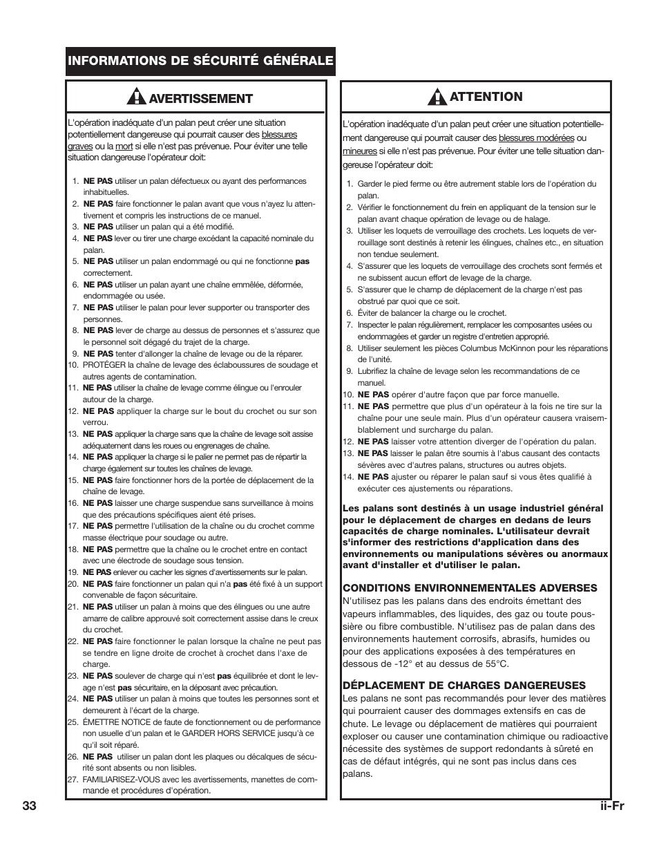 33 ii-fr avertissement, Informations de sécurité générale attention | CM-ET Hurricane 360 User Manual | Page 33 / 48