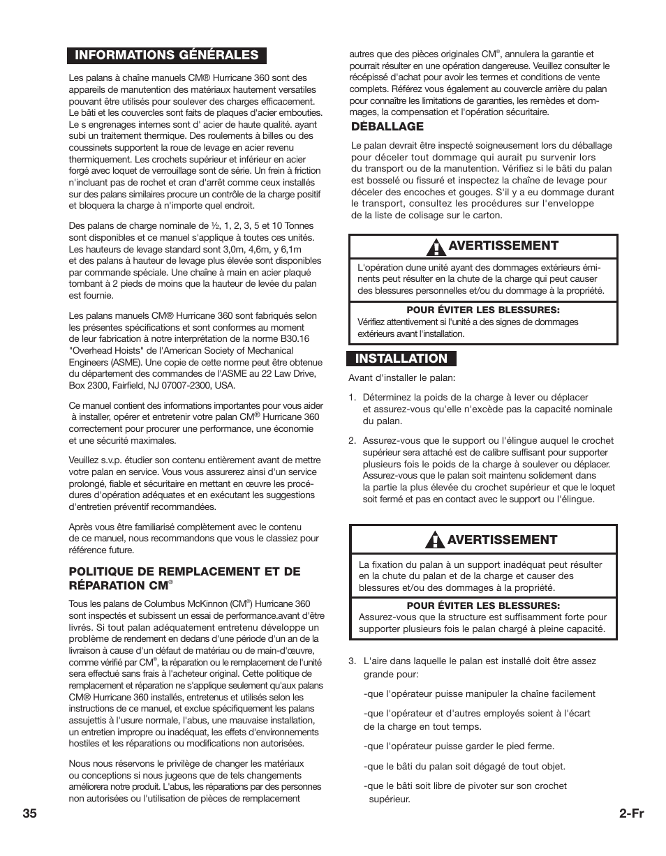 35 2-fr, Avertissement, Informations générales installation | CM-ET Hurricane 360 User Manual | Page 35 / 48