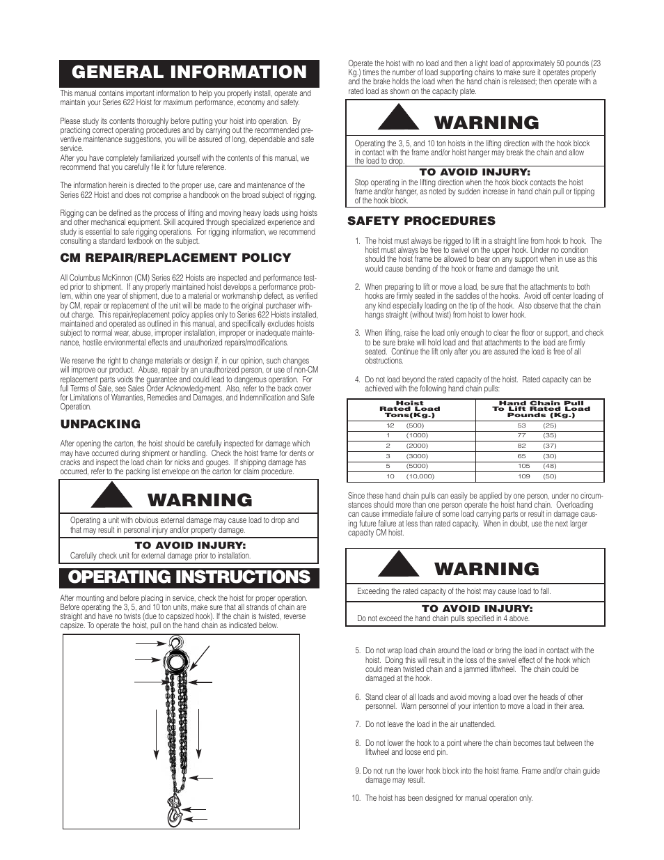 Warning, Operating instructions, General information | Cm repair/replacement policy, Unpacking, Safety procedures | CM-ET Series 622 User Manual | Page 5 / 11