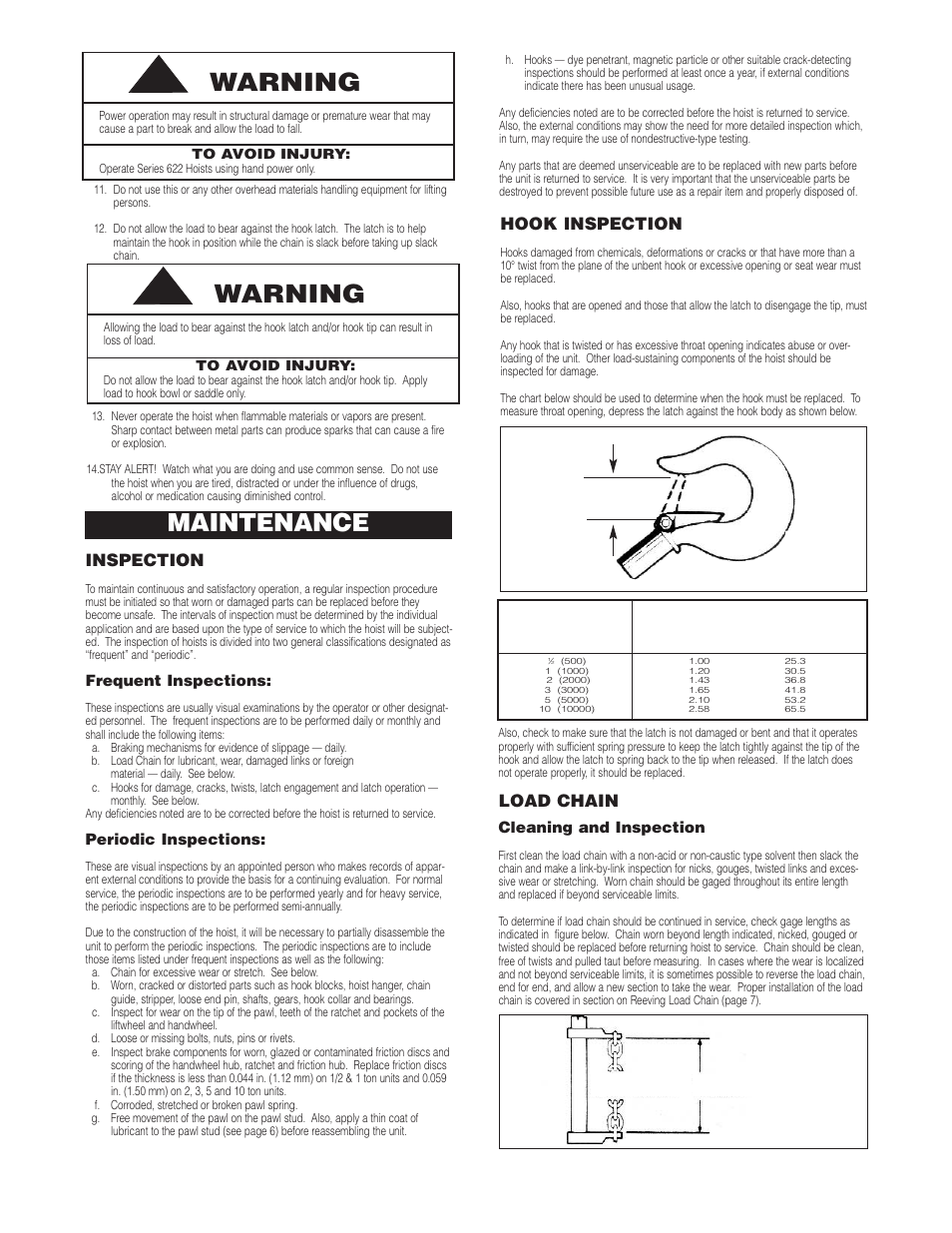 Warning, Maintenance, Inspection | Hook inspection, Load chain | CM-ET Series 622 User Manual | Page 6 / 11