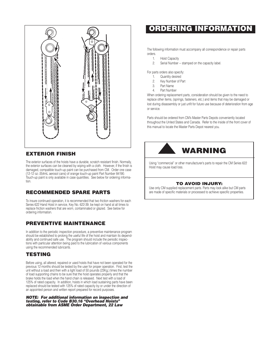 Warning, Ordering information, Exterior finish | Recommended spare parts, Preventive maintenance, Testing | CM-ET Series 622 User Manual | Page 9 / 11