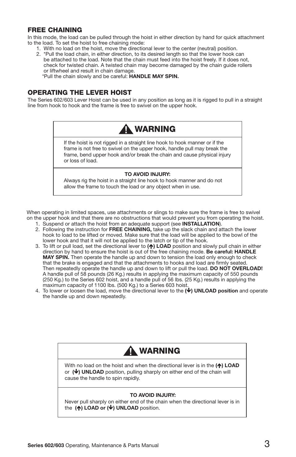 Free chaining, Operating the lever hoist | CM-ET Series 603 User Manual | Page 3 / 8