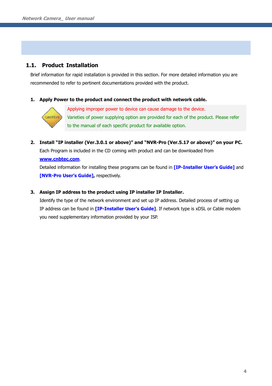 Preparation for the connection, Product installation | CNB MDC4050VR User Manual | Page 4 / 40