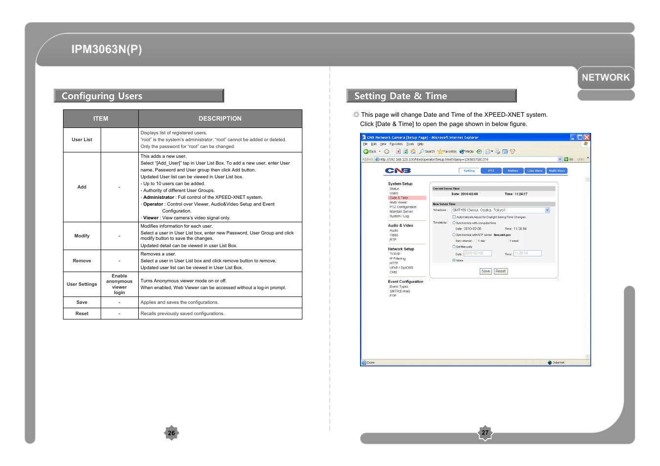 Configuring users, Setting date & time | CNB IPM3063P User Manual | Page 14 / 82