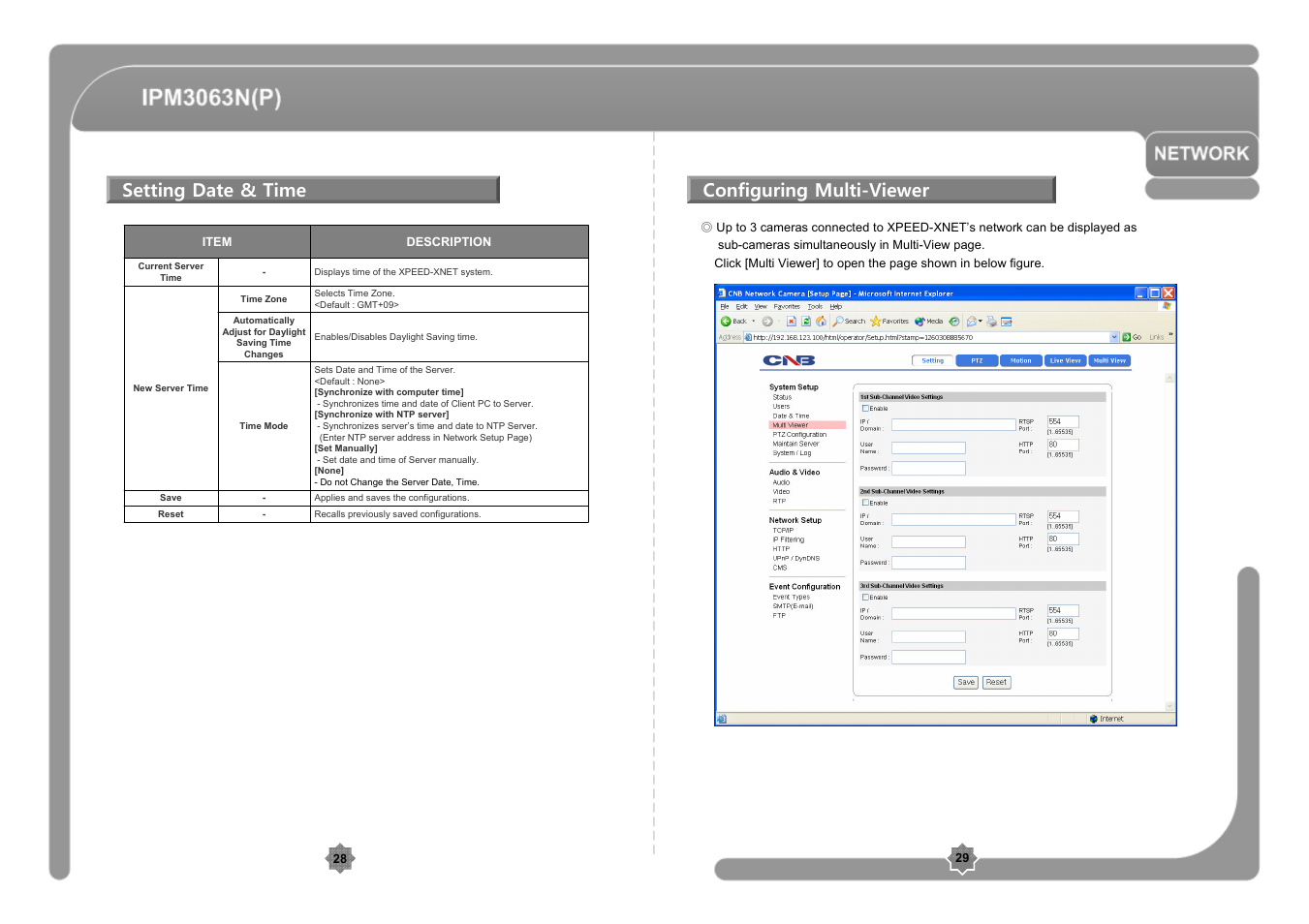 Setting date & time, Configuring multi-viewer | CNB IPM3063P User Manual | Page 15 / 82