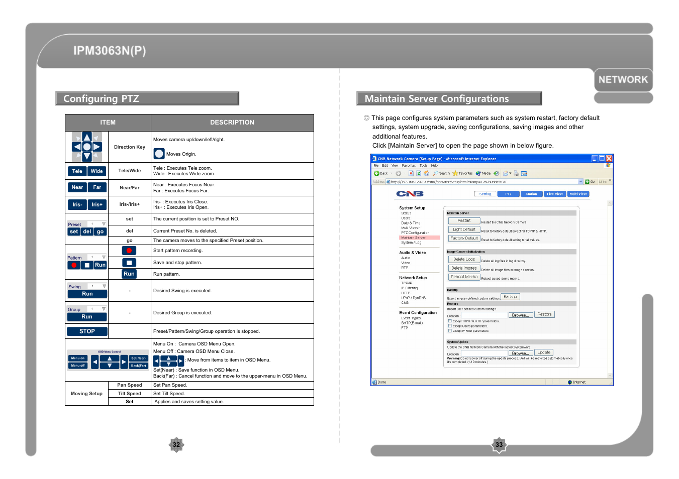 Configuring ptz, Maintain server configurations | CNB IPM3063P User Manual | Page 17 / 82