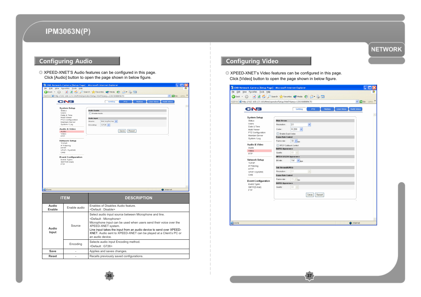 Configuring audio, Configuring video | CNB IPM3063P User Manual | Page 19 / 82