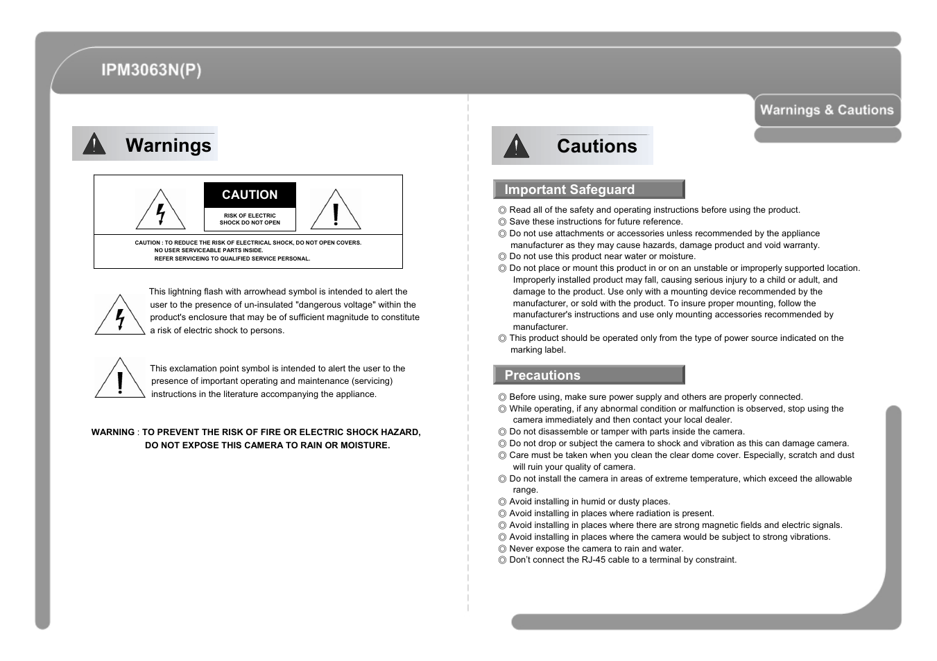 Warnings cautions, Important safeguard precautions | CNB IPM3063P User Manual | Page 2 / 82