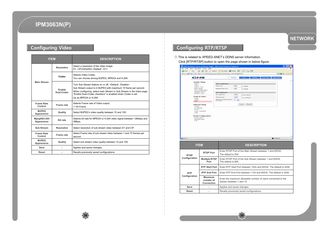 Configuring video, Configuring rtp/rtsp | CNB IPM3063P User Manual | Page 20 / 82