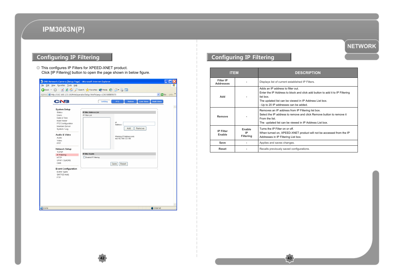 Configuring ip filtering | CNB IPM3063P User Manual | Page 22 / 82