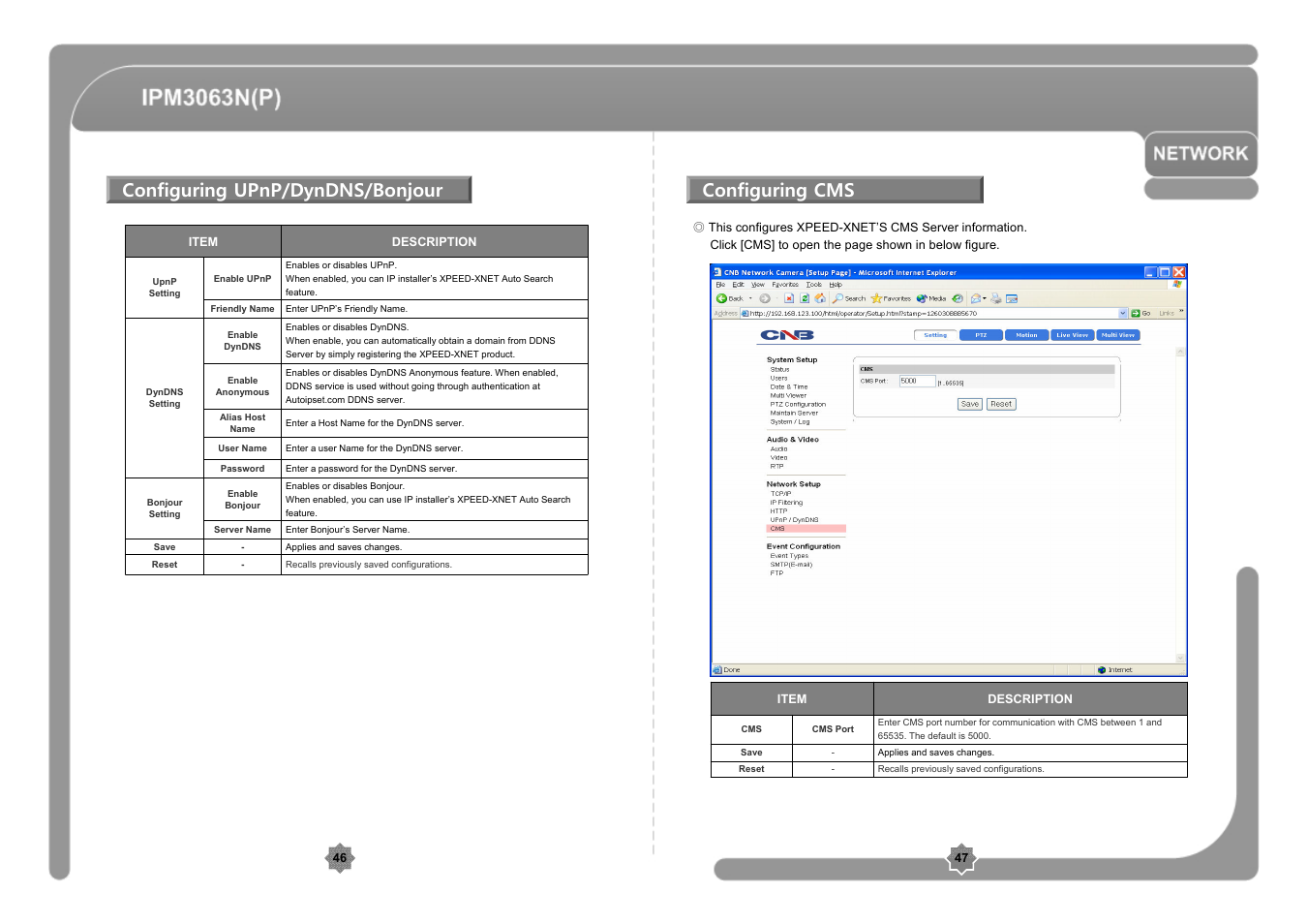 Configuring upnp/dyndns/bonjour, Configuring cms | CNB IPM3063P User Manual | Page 24 / 82