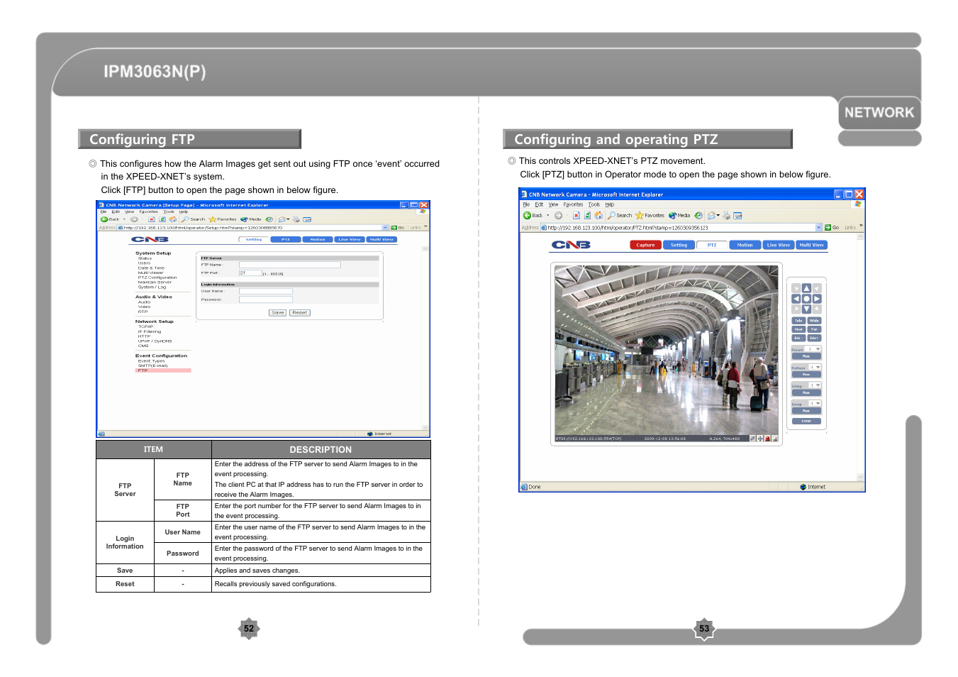 Configuring ftp, Configuring and operating ptz | CNB IPM3063P User Manual | Page 27 / 82