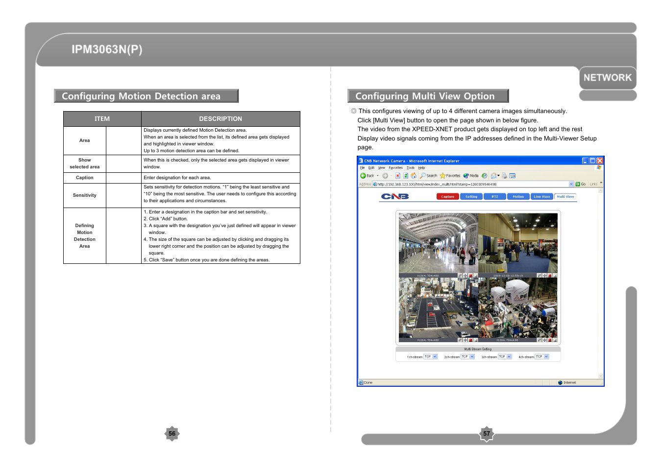 Configuring motion detection area, Configuring multi view option | CNB IPM3063P User Manual | Page 29 / 82