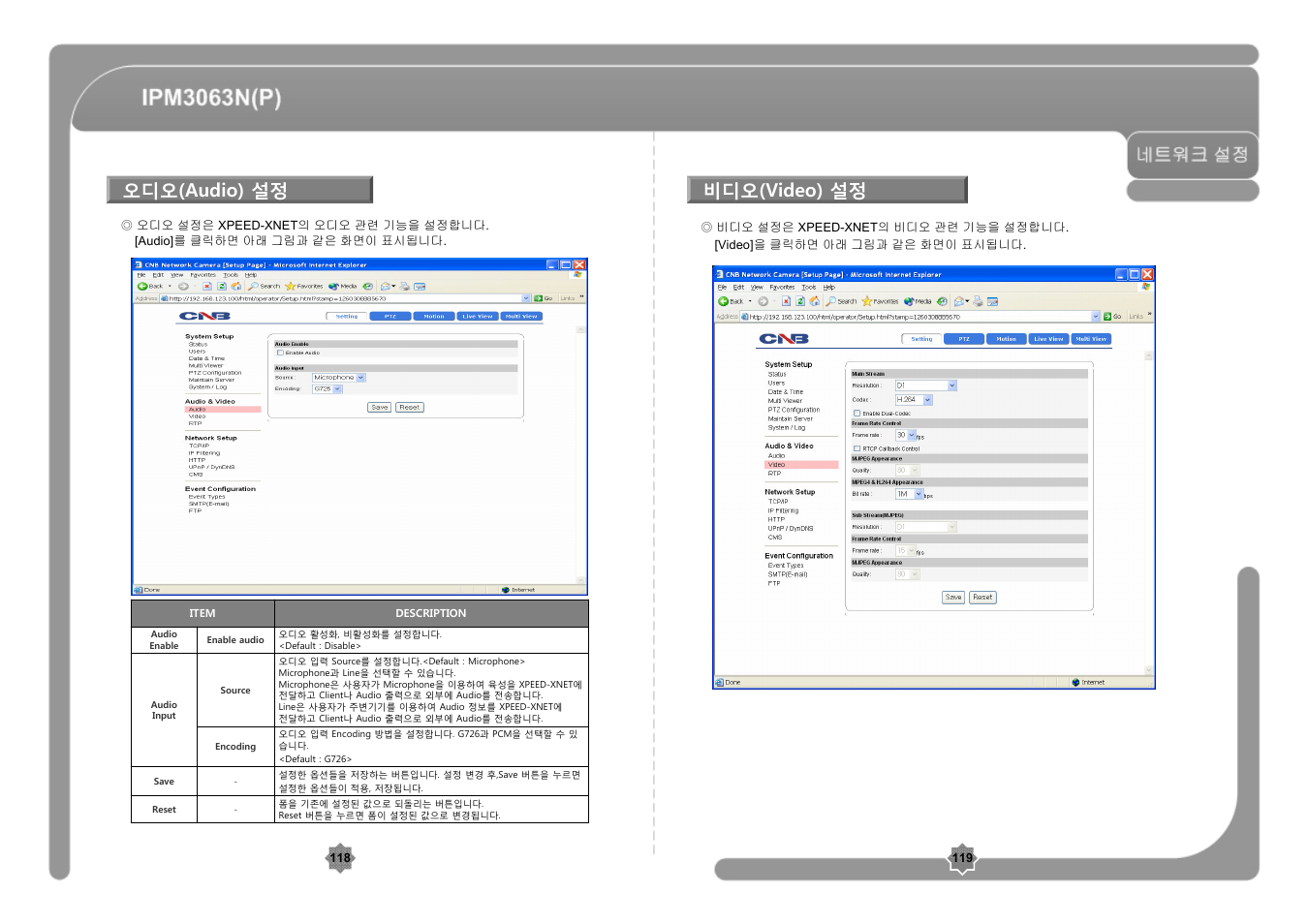 오디오(audio) 설정, 비디오(video) 설정 | CNB IPM3063P User Manual | Page 60 / 82
