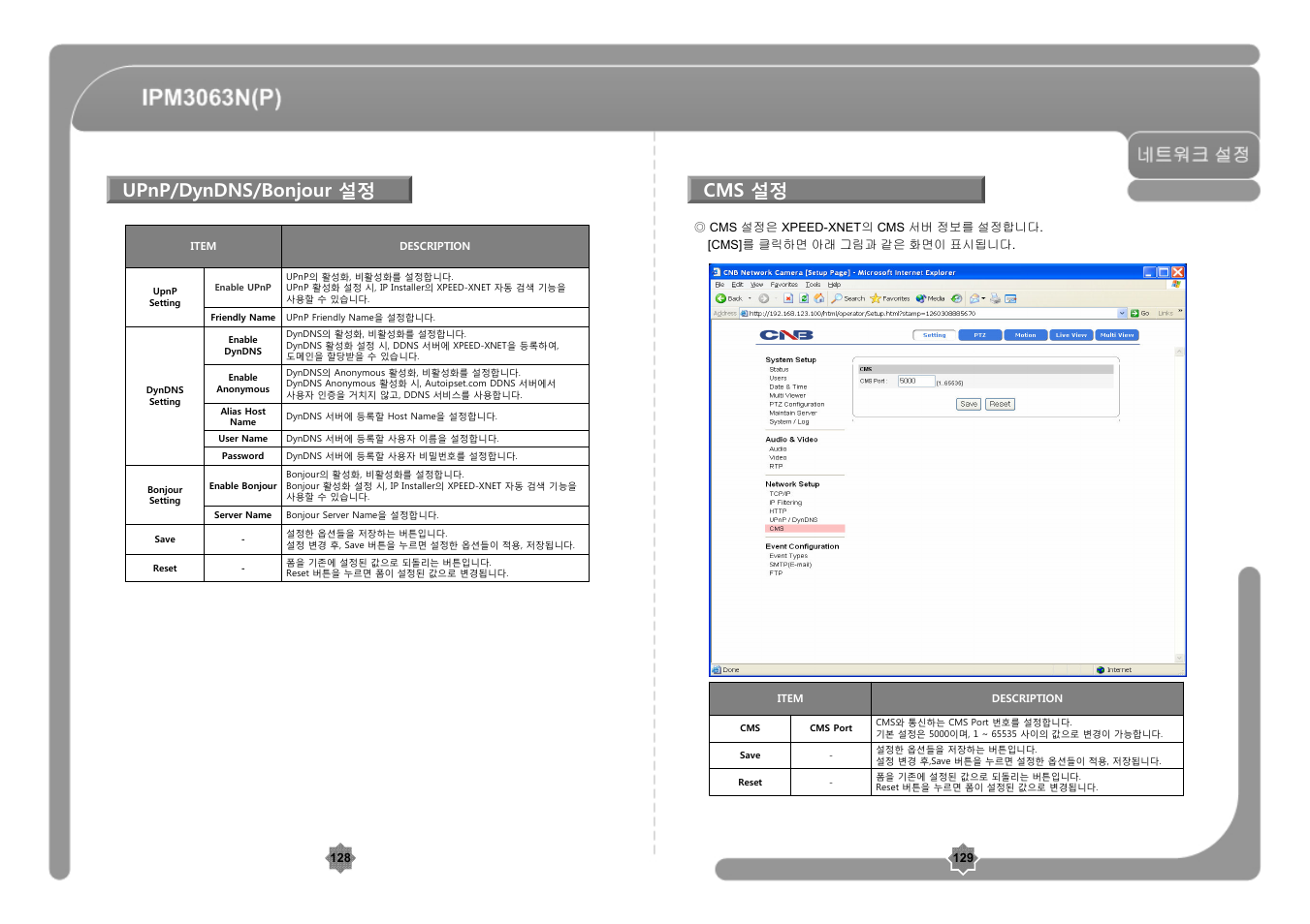 Upnp/dyndns/bonjour 설정, Cms 설정 | CNB IPM3063P User Manual | Page 65 / 82