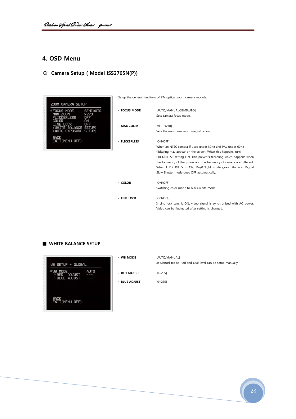 Bâàwééü fñxxw wéåx fxü|xб |с@åçxà, Osd menu, Camera setup ( model iss2765n(p)) | CNB ISS2965PW User Manual | Page 28 / 92