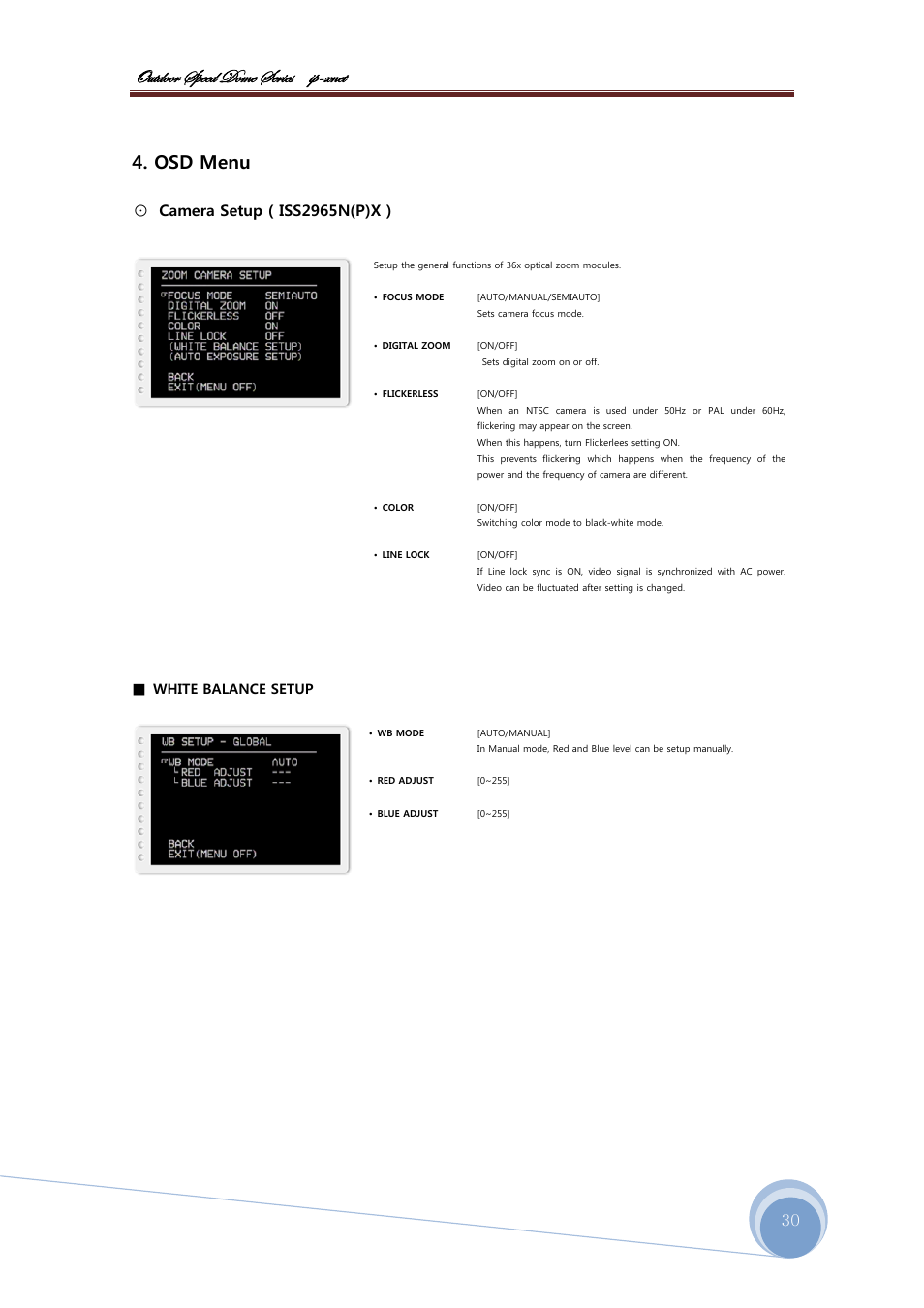 Bâàwééü fñxxw wéåx fxü|xб |с@åçxà, Osd menu, Camera setup ( iss2965n(p)x ) | CNB ISS2965PW User Manual | Page 30 / 92