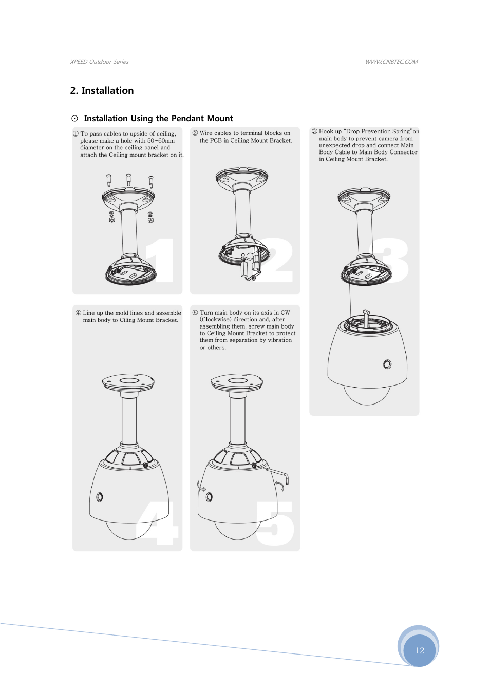 Installation, Installation using the pendant mount | CNB SS2965PXW User Manual | Page 12 / 42