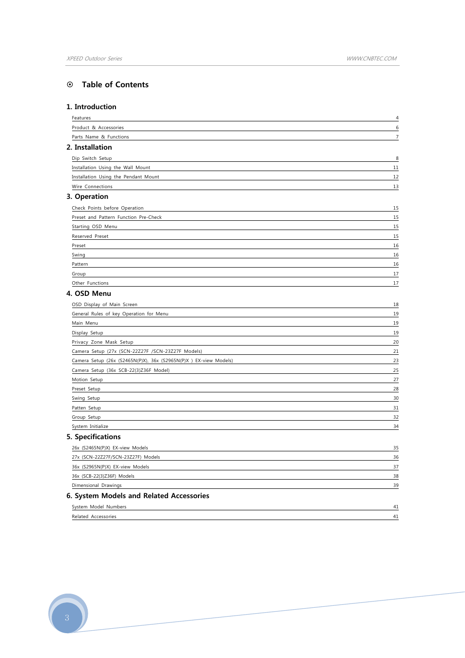 3~ table of contents, Introduction, Installation | Operation, Osd menu, Specifications, System models and related accessories | CNB SS2965PXW User Manual | Page 3 / 42