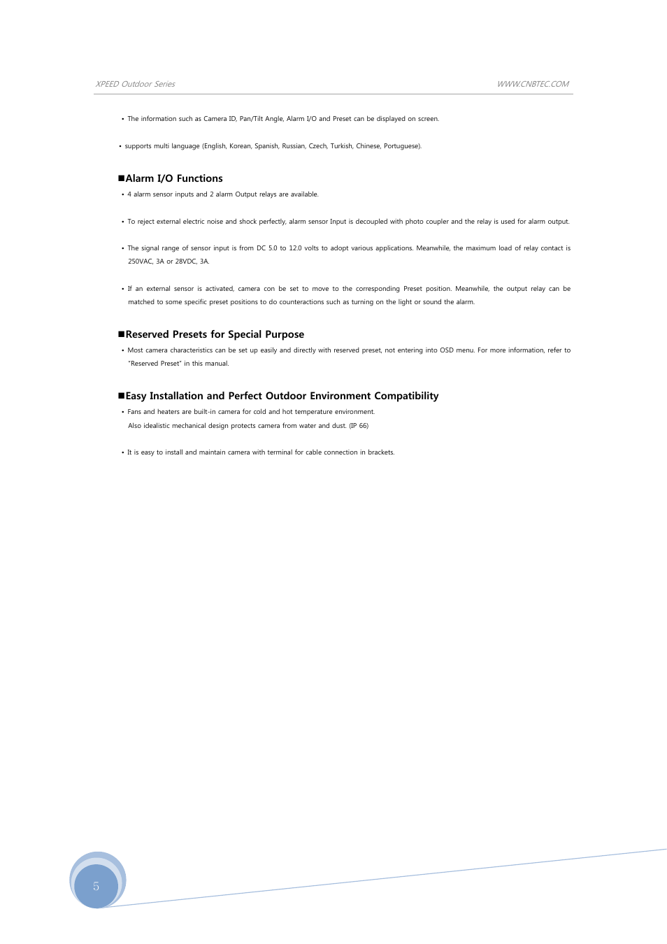 Alarm i/o functions, Reserved presets for special purpose | CNB SS2965PXW User Manual | Page 5 / 42