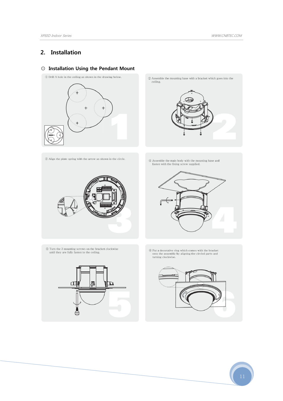 Installation, Installation using the pendant mount | CNB SBN-23Z27F User Manual | Page 11 / 39