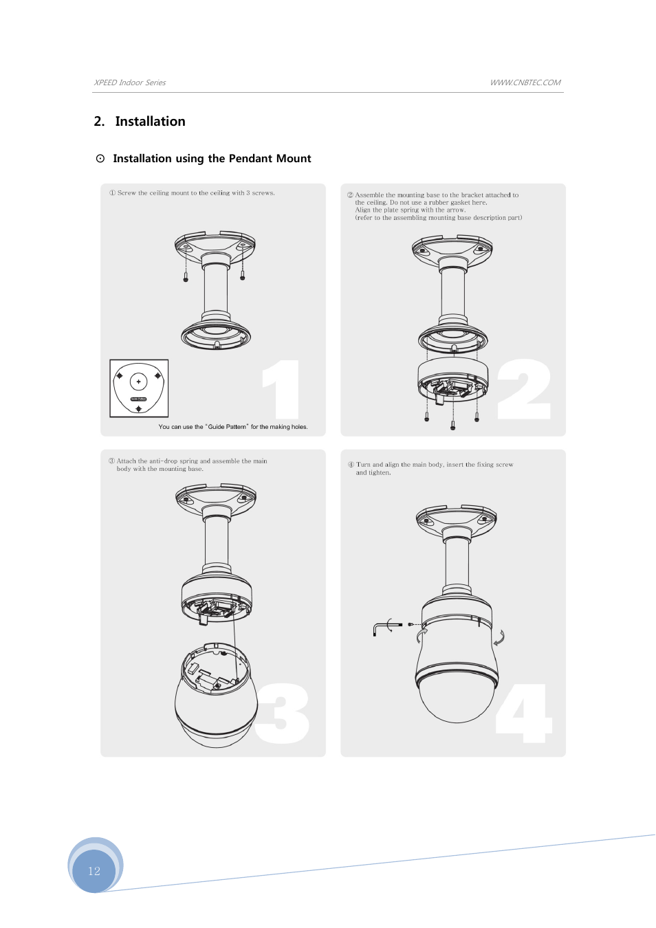 Installation, Installation using the pendant mount | CNB SBN-23Z27F User Manual | Page 12 / 39