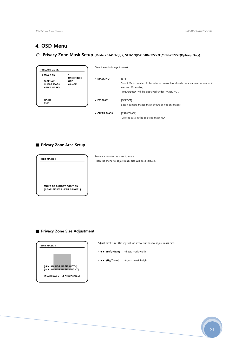 Osd menu, Privacy zone mask setup | CNB SBN-23Z27F User Manual | Page 21 / 39