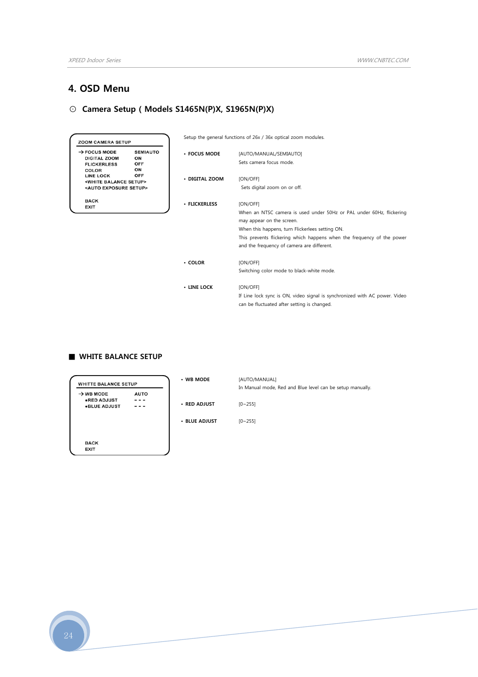 Osd menu, White balance setup | CNB SBN-23Z27F User Manual | Page 24 / 39