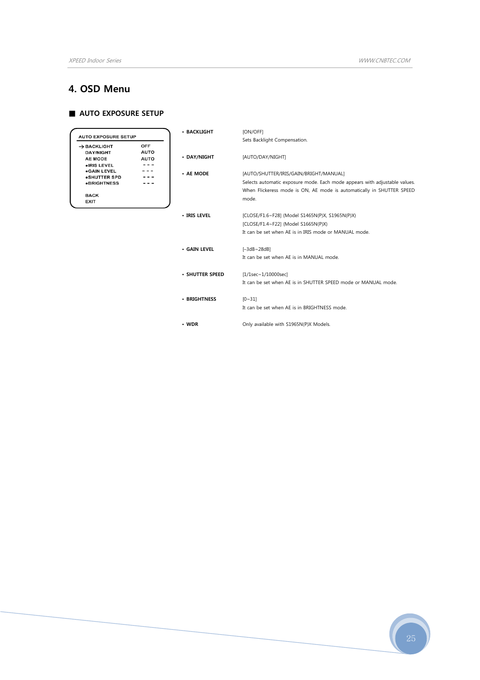 Osd menu, Auto exposure setup | CNB SBN-23Z27F User Manual | Page 25 / 39