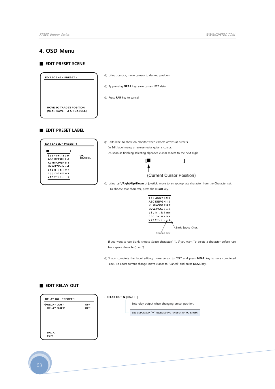 Osd menu, Edit preset scene, Edit preset label | Edit relay out | CNB SBN-23Z27F User Manual | Page 28 / 39