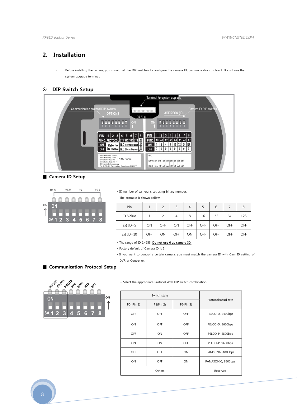 Installation, Dip switch setup, Camera id setup | Communication protocol setup | CNB SBN-23Z27F User Manual | Page 8 / 39