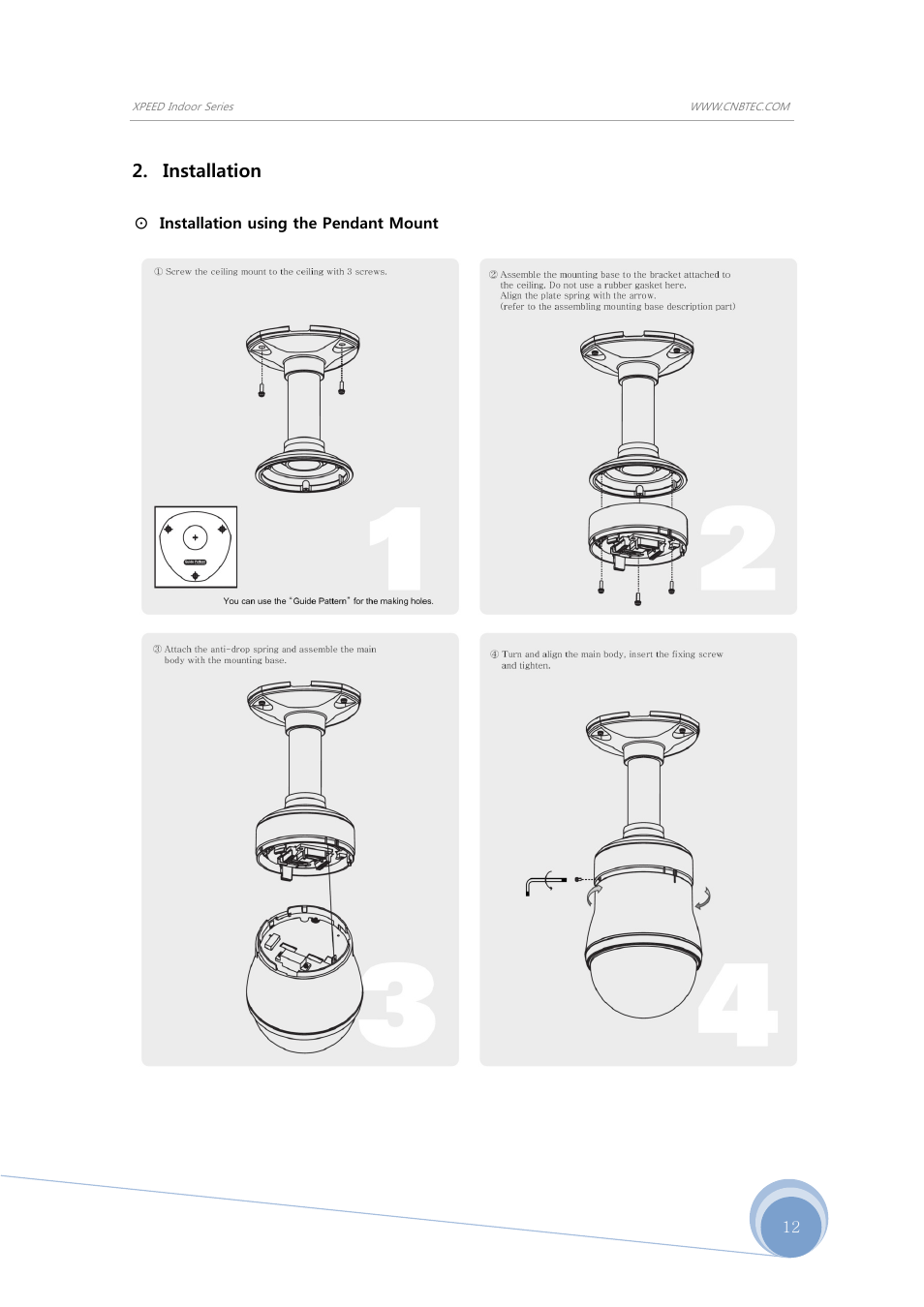 Installation, Installation using the pendant mount | CNB S1965PX User Manual | Page 12 / 42