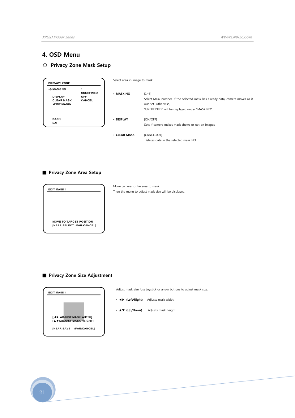 Osd menu, Privacy zone mask setup | CNB S1965PX User Manual | Page 21 / 42