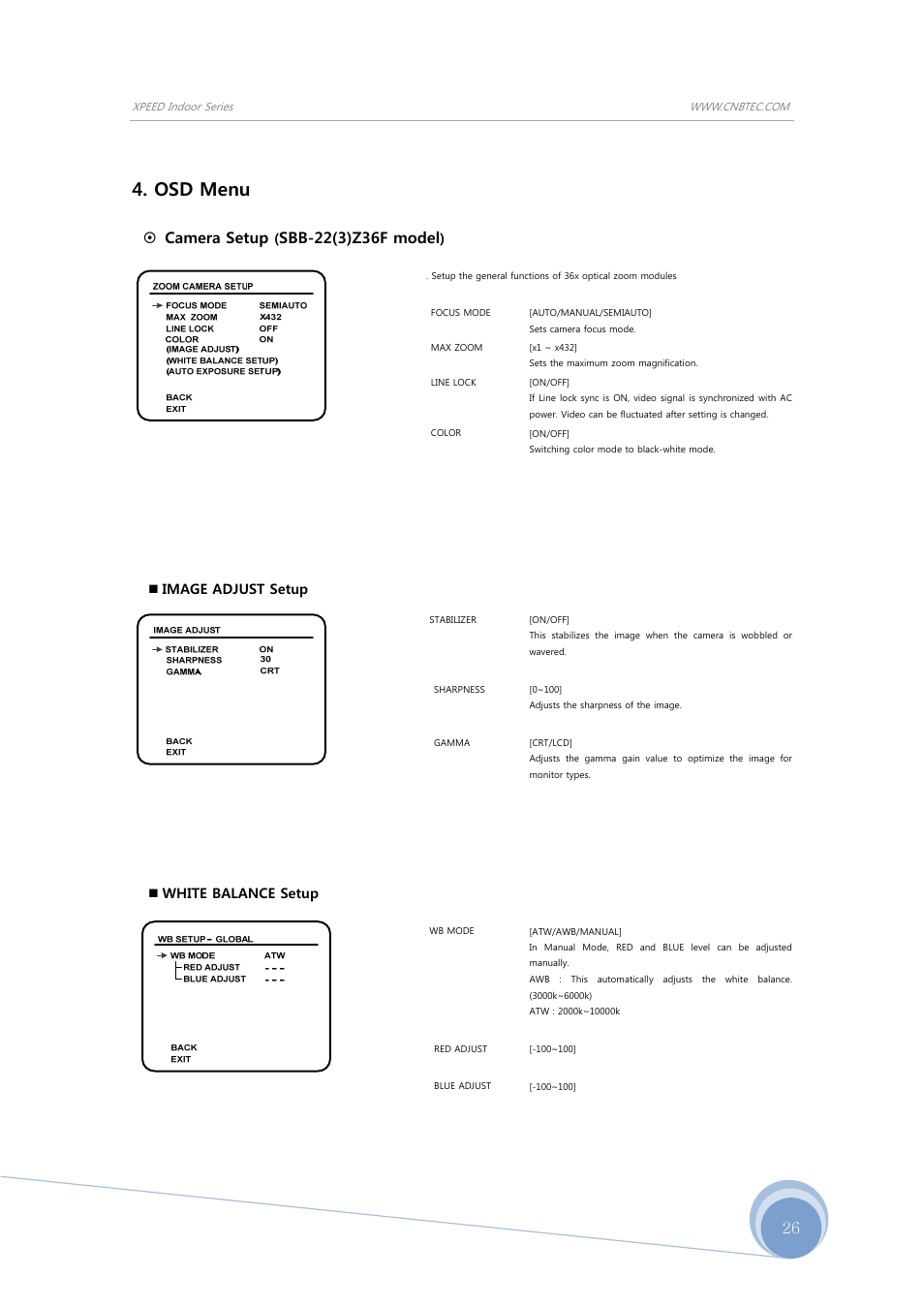 Osd menu, Camera setup, Image adjust setup | White balance setup | CNB S1965PX User Manual | Page 26 / 42