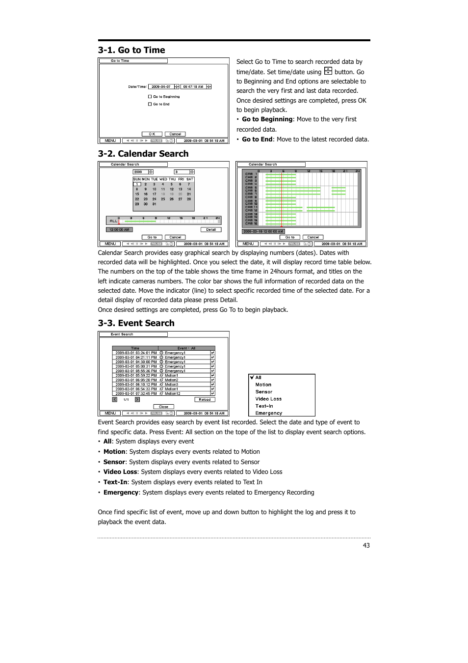 1. go to time, 2. calendar search, 3. event search | CNB HDS4848E User Manual | Page 44 / 60