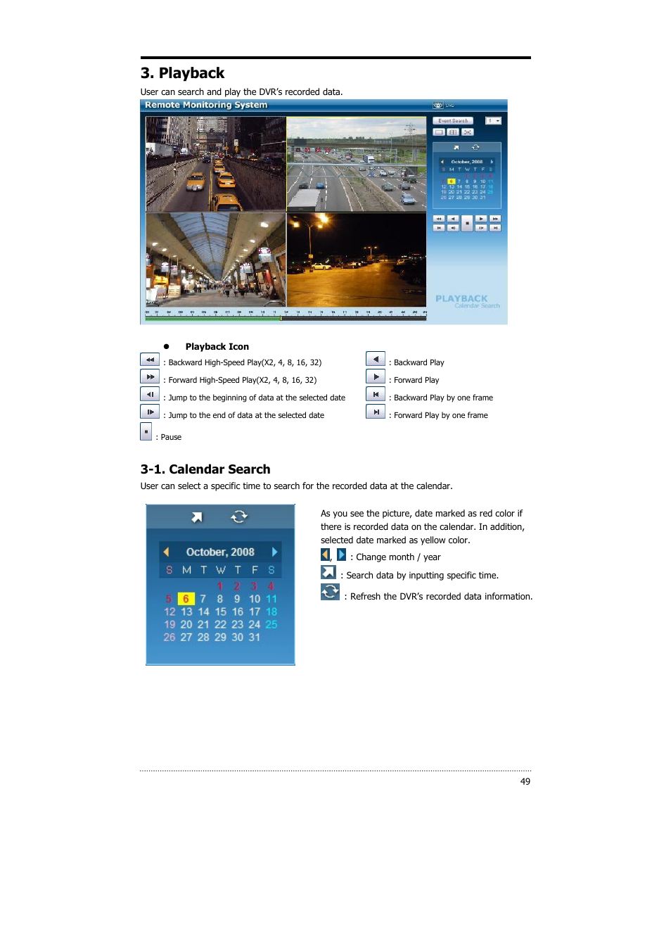 Playback, 1. calendar search | CNB HDS4848E User Manual | Page 50 / 60