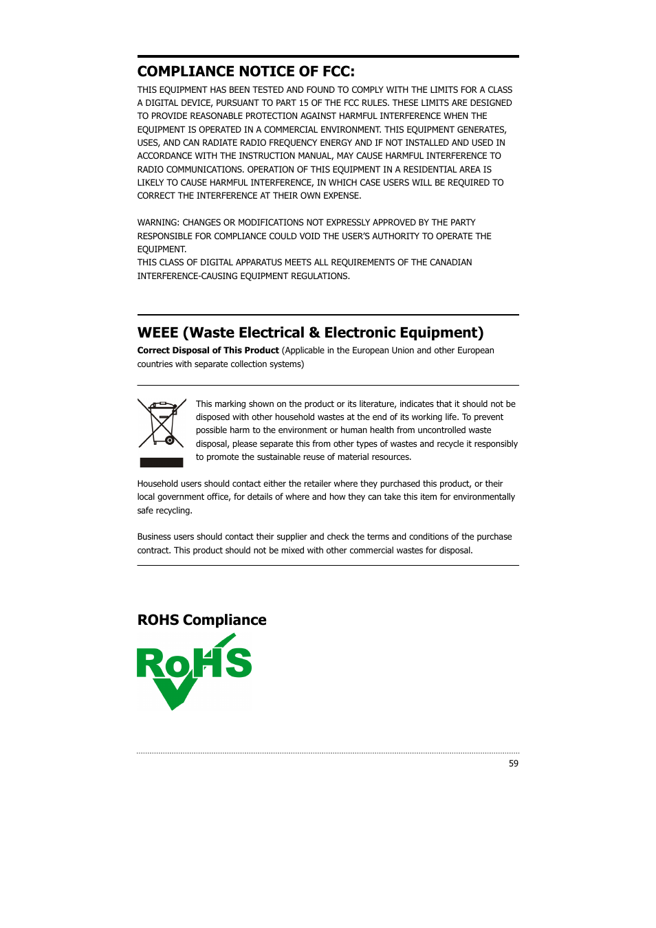 Compliance notice of fcc, Weee (waste electrical & electronic equipment), Rohs compliance | CNB HDS4848E User Manual | Page 60 / 60