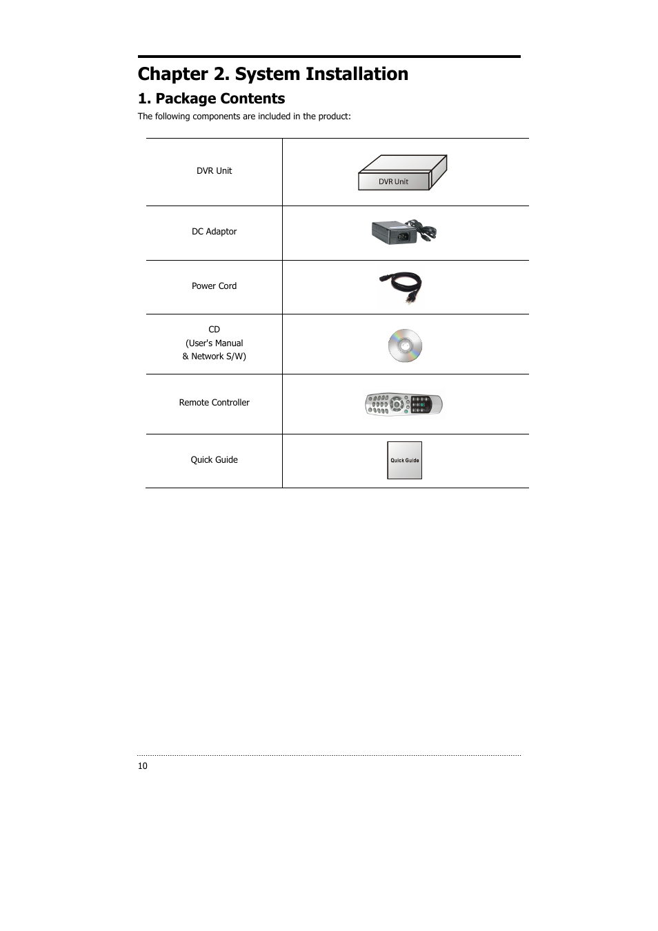 Chapter 2. system installation, Package contents | CNB HDS4848DV User Manual | Page 10 / 59