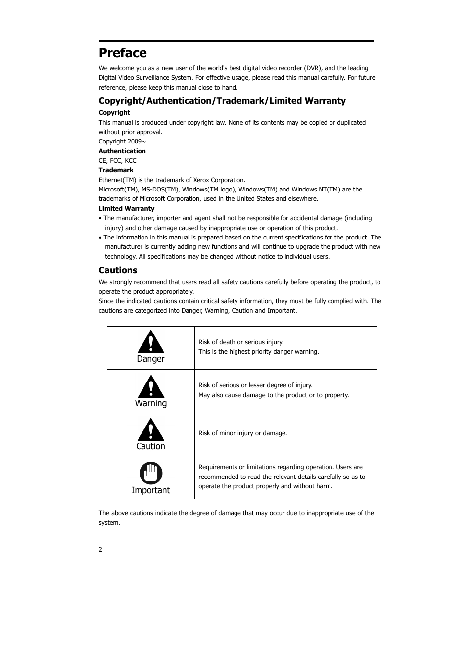 Preface, Cautions | CNB HDS4848DV User Manual | Page 2 / 59