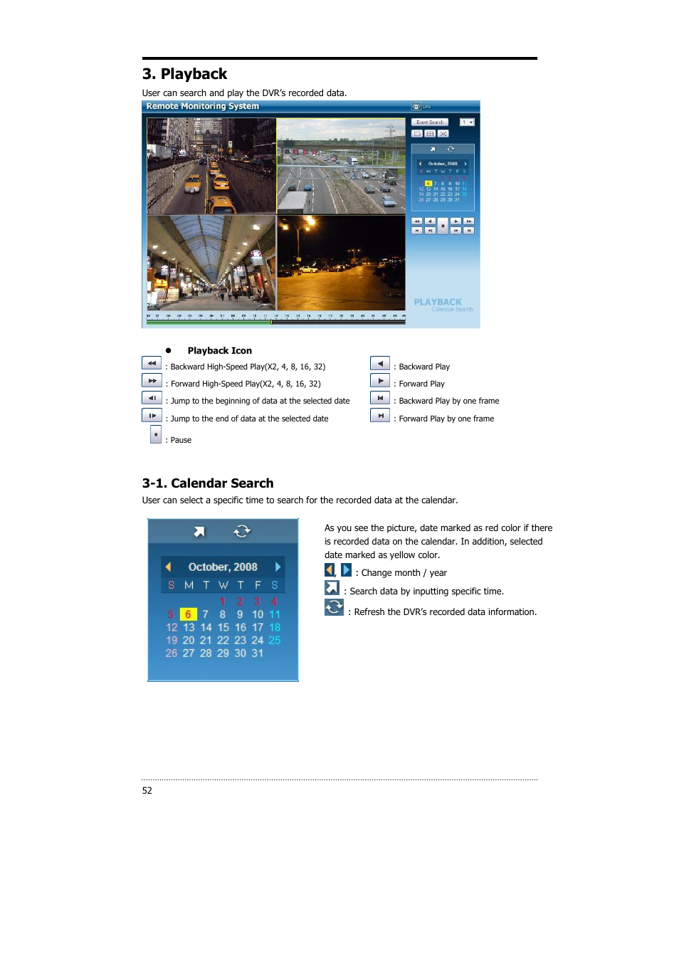 Playback, 1. calendar search | CNB HDS4848DV User Manual | Page 52 / 59