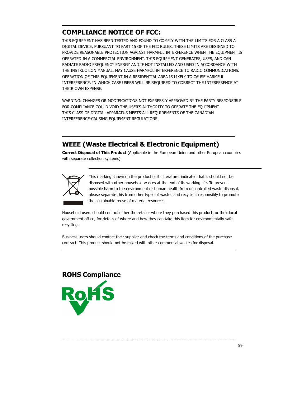 Compliance notice of fcc, Weee (waste electrical & electronic equipment), Rohs compliance | CNB HDS4848DV User Manual | Page 59 / 59