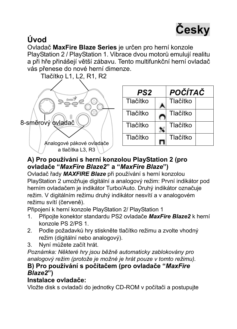 Blaze 2-cze.doc, Úvod, Česky | Ps2 počítač | GENIUS MaxFire Blaze2 User Manual | Page 20 / 31